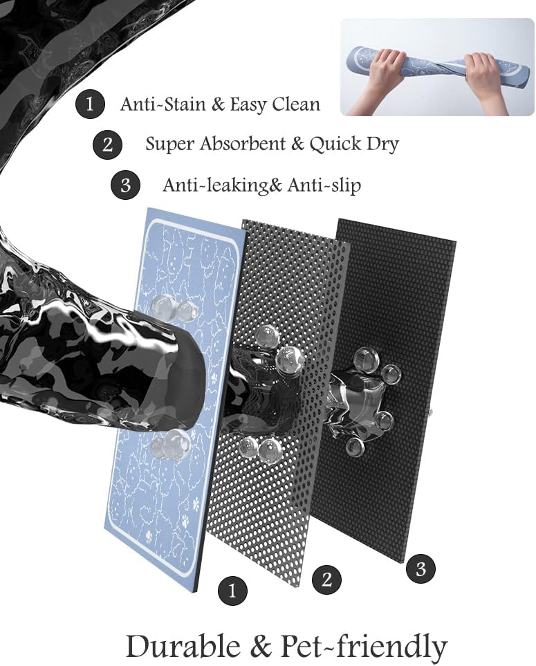 Pet Feeding Mat-Absorbent Dog Mat for Food and Water Bowl-No Stains Quick Dry Water Dispenser Mat-Dog Accessories Pet Supplies-Bowl for Messy Drinkers(BLUEDOGS,17"x34"