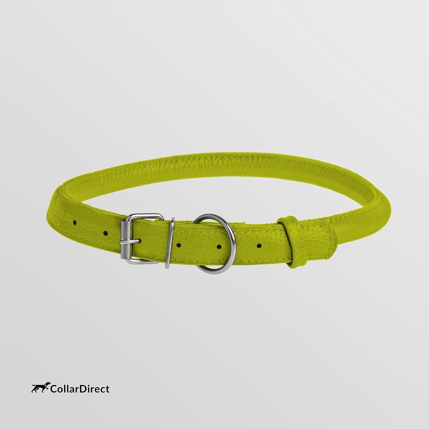 CollarDirect Rolled Leather Dog Collar, Soft Padded Round Puppy Collar, Handmade Genuine Leather Collar Dog Small Large Cat Collars 13 Colors (13-16 Inch, Lime Green Textured)