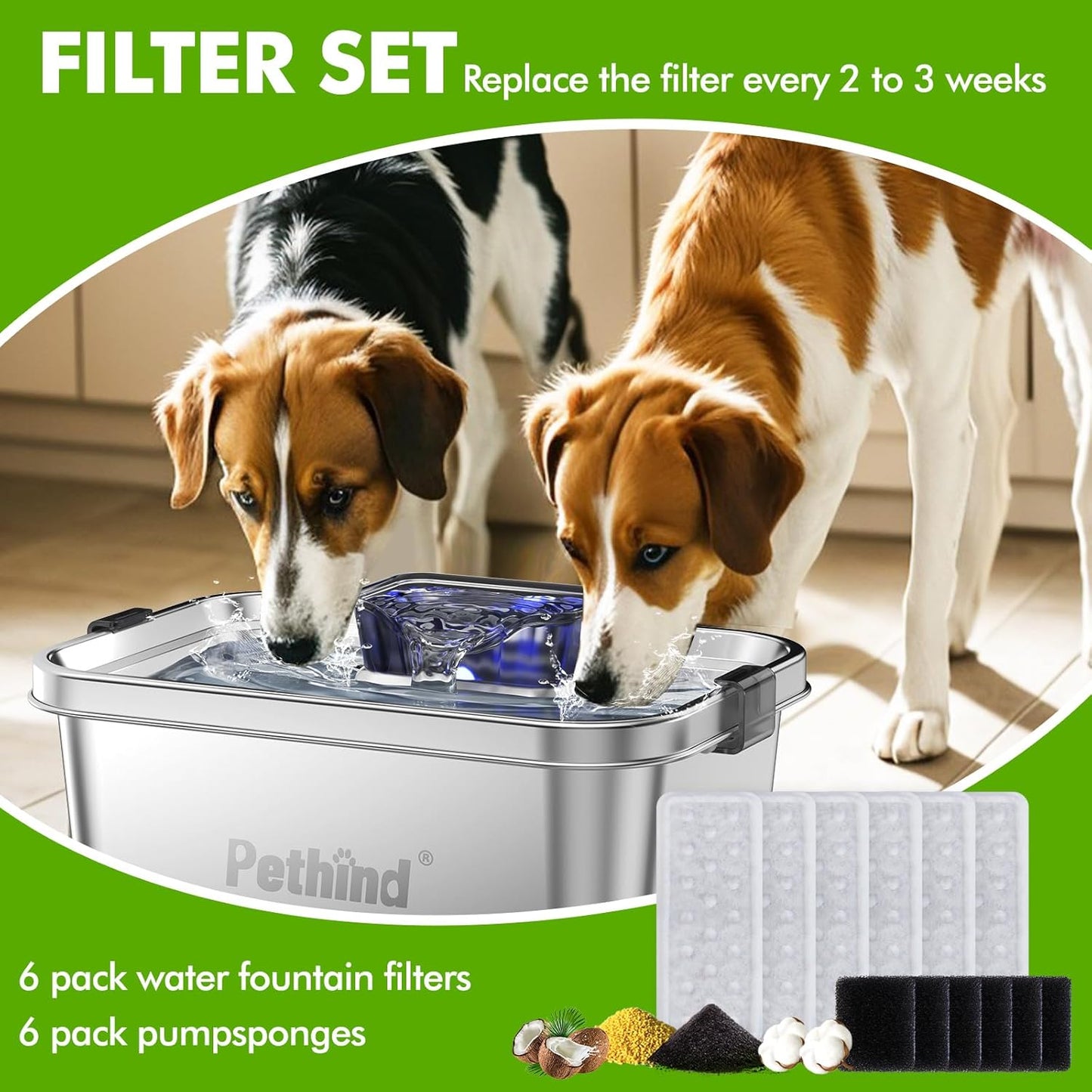 6 Pack Dog Water Fountain Filters and 6 Pack Sponges, Suitable for Stainless Steel 2Gal/264oz Dog Water Fountain (PF-SS-01/PF-SS-02), High Efficiency Filtration, Idividual Package