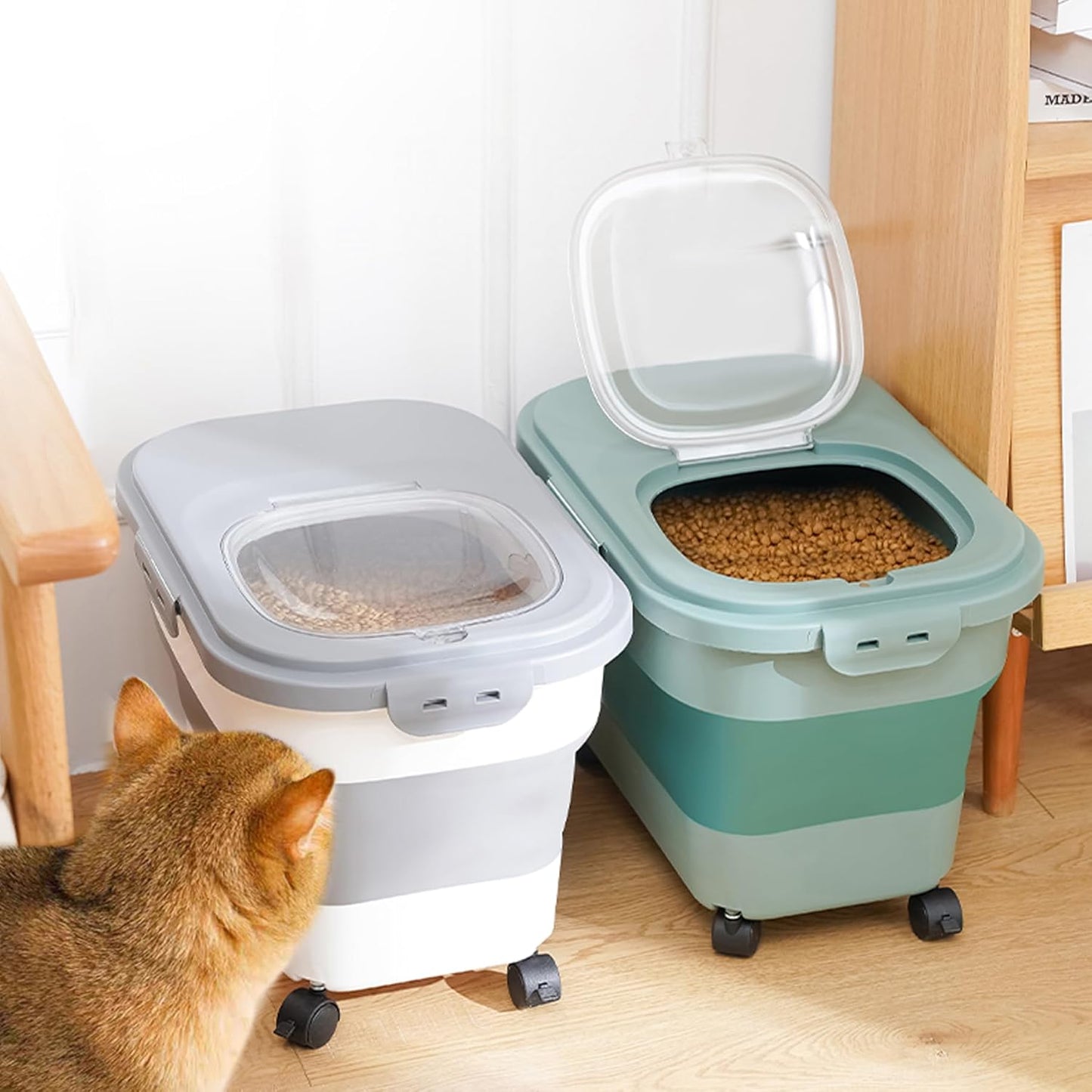 Collapsible Dog Food Storage Container, Airtight 30 35 Lbs Rice Cereal Flour Sugar Containers, Sealable Plastic 20 25 Pound Dog Pet Cat Bird Seed Kitchen Pantry Holder Bin Bucket with Rolling Wheel