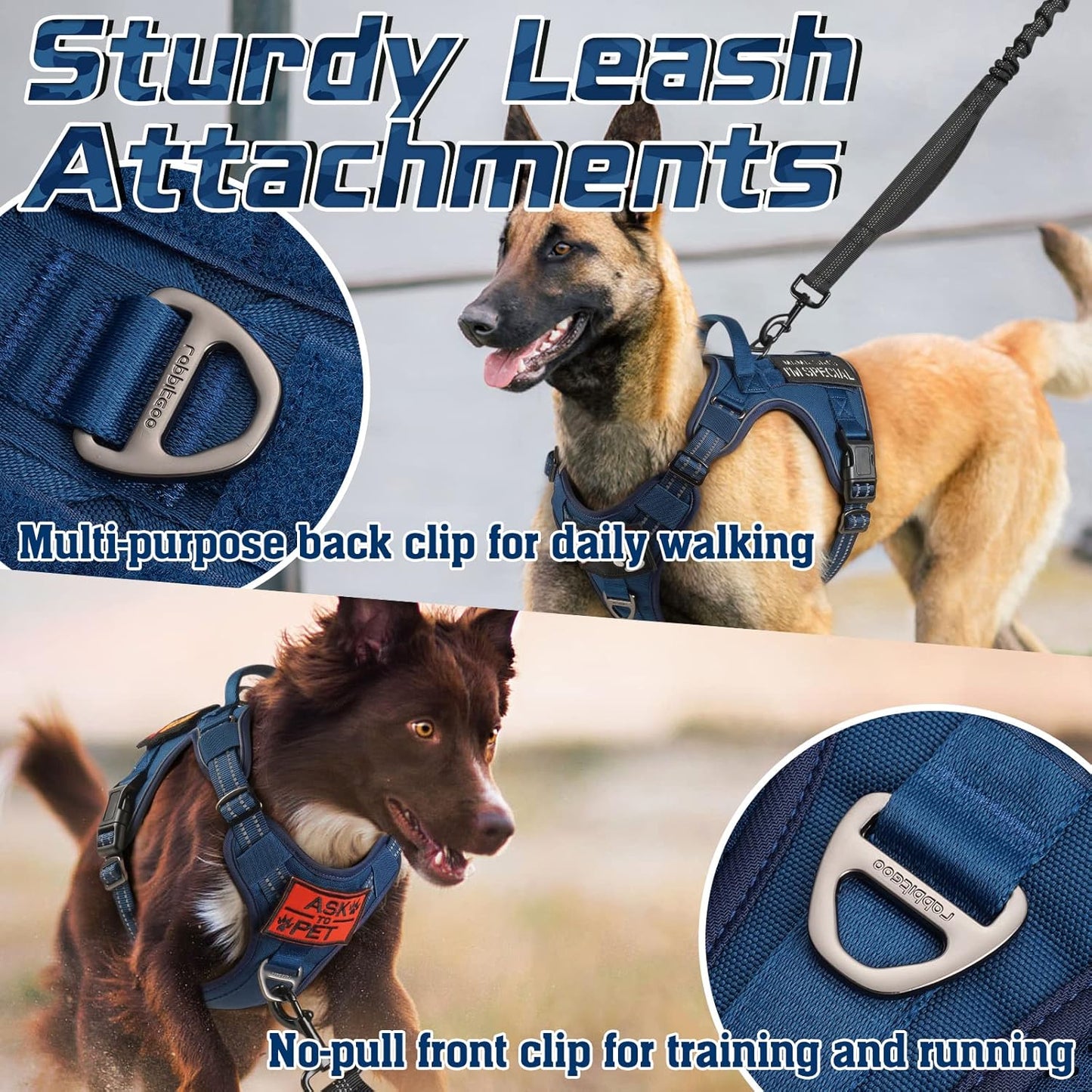 rabbitgoo Tactical Dog Harness for Large Dogs, No Pull Military Service Vest with Handle & Molle, Easy Control for Training Walking, Adjustable Reflective Straps, Blue, L
