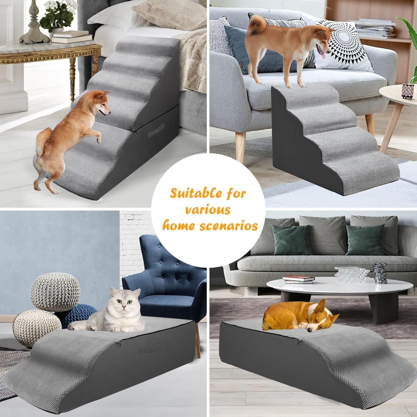 Dog Stairs&Steps for 30 Inches Tall High Bed Up to 30-36 Inch, Pet Dog Ramp Ladder for Small Dogs, Doggie, Old Cats, Kitty, Small Animals Grey