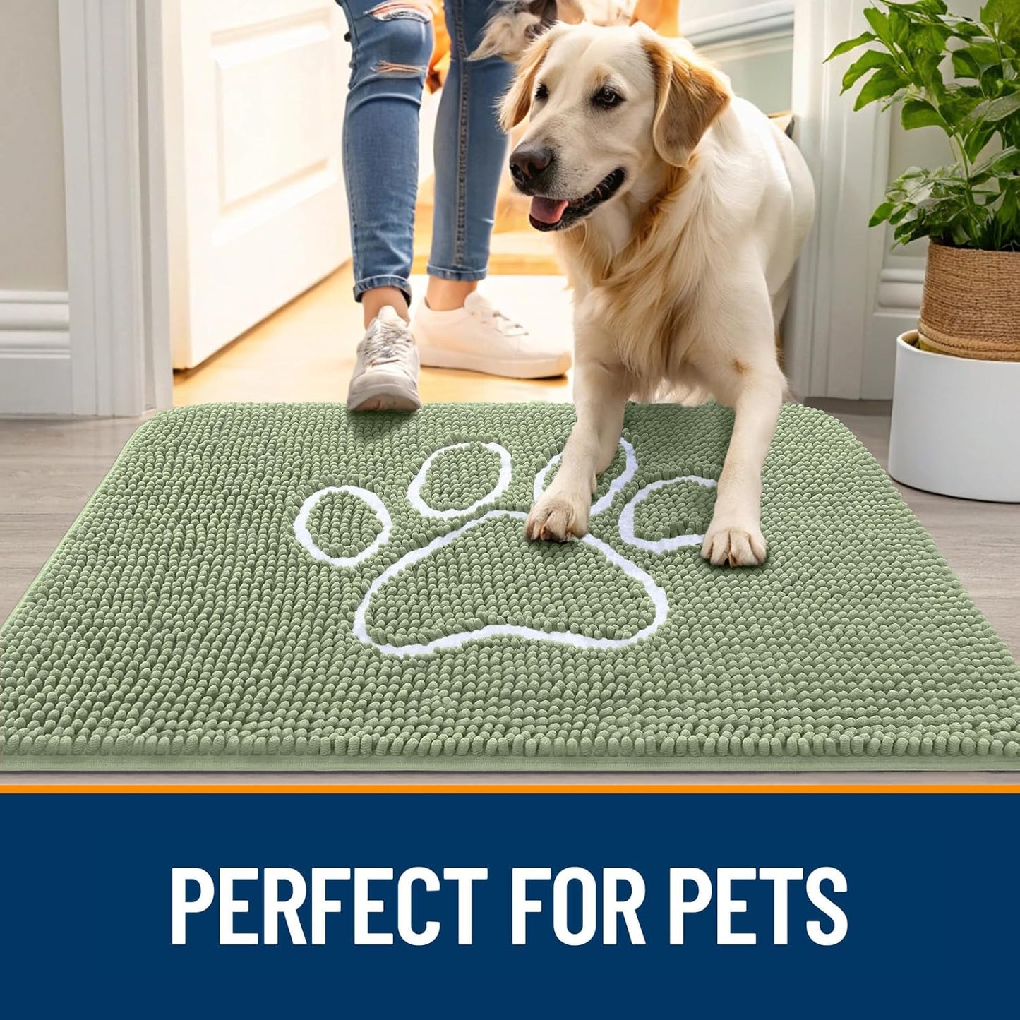 OLANLY Door Mat for Muddy Dog Paws 36x24, Ultra Absorbent Chenille Mud Doormat with Paw Print Design, Non-Slip Washable Doormat for Indoor Entryway, Quick-Dry Pet Bed Mats for Dirty Dogs, Sage Green