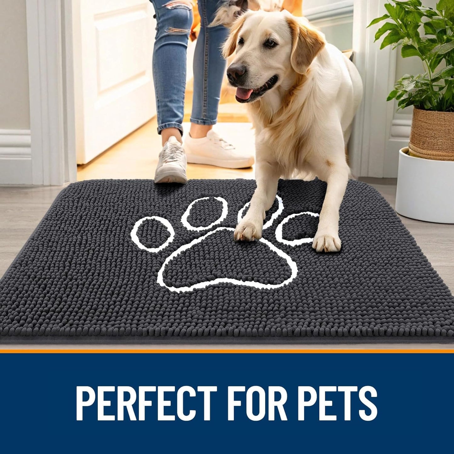 OLANLY Door Mat for Muddy Dog Paws 36x24, Ultra Absorbent Chenille Mud Doormat with Paw Print Design, Non-Slip Washable Doormat for Indoor Entryway, Quick-Dry Pet Bed Mats for Dirty Dogs, Dark Grey