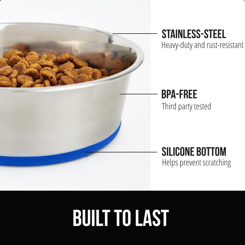 GORILLA GRIP Set of 2 Dog Bowls, Holds 4 Cups (32 fl oz), Heavy Duty Metal Food and Water Bowl for Feeding Dogs and Cats, Dishwasher Safe, Rust Resistant Stainless Steel, BPA Free Rubber Base, Blue