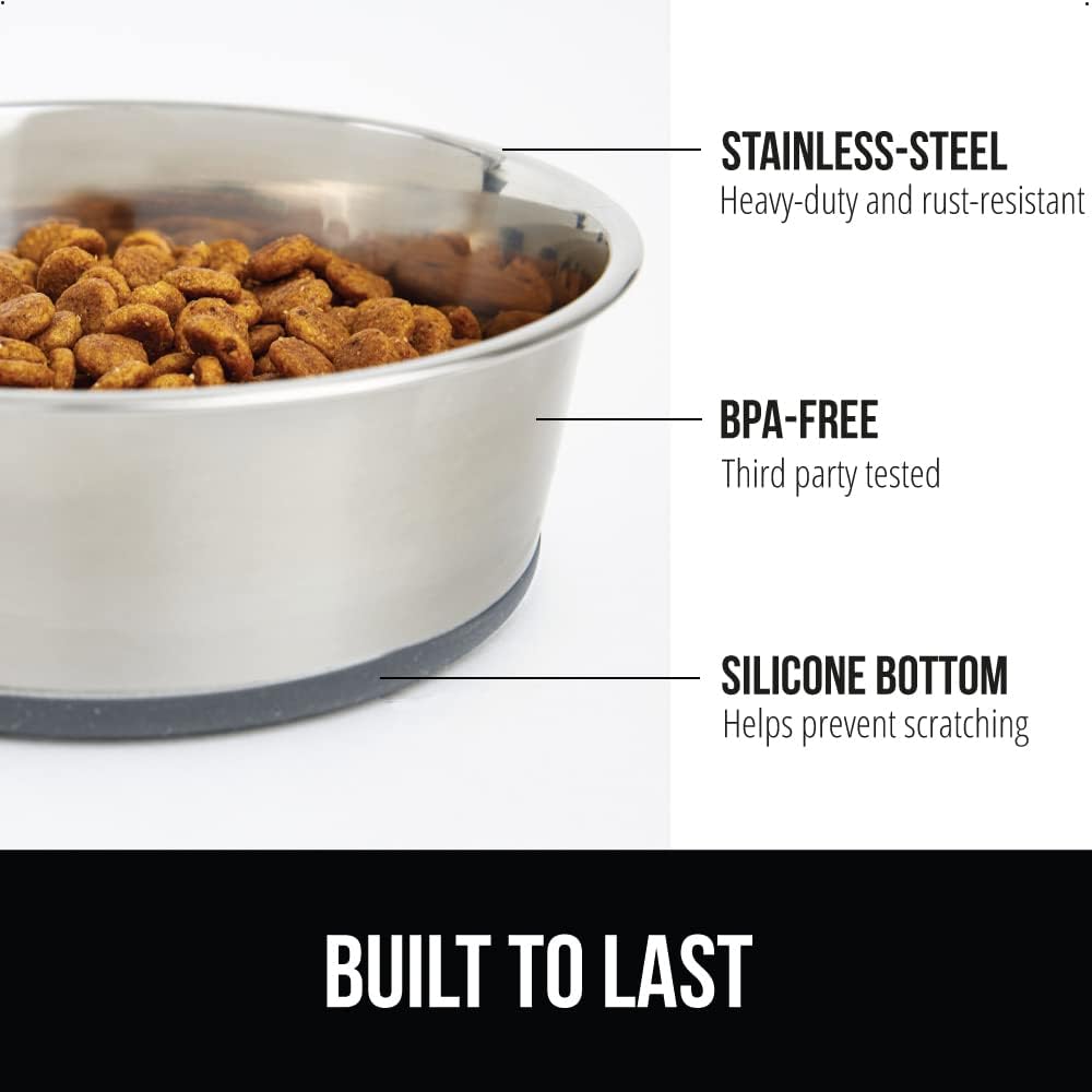 GORILLA GRIP Set of 2 Dog Bowls, Heavy Duty Metal Food and Water Bowl for Feeding Dogs and Cats, Dishwasher Safe, Rust Resistant Stainless Steel, BPA Free Rubber Base, Holds 2 Cups (16 fl oz), Gray