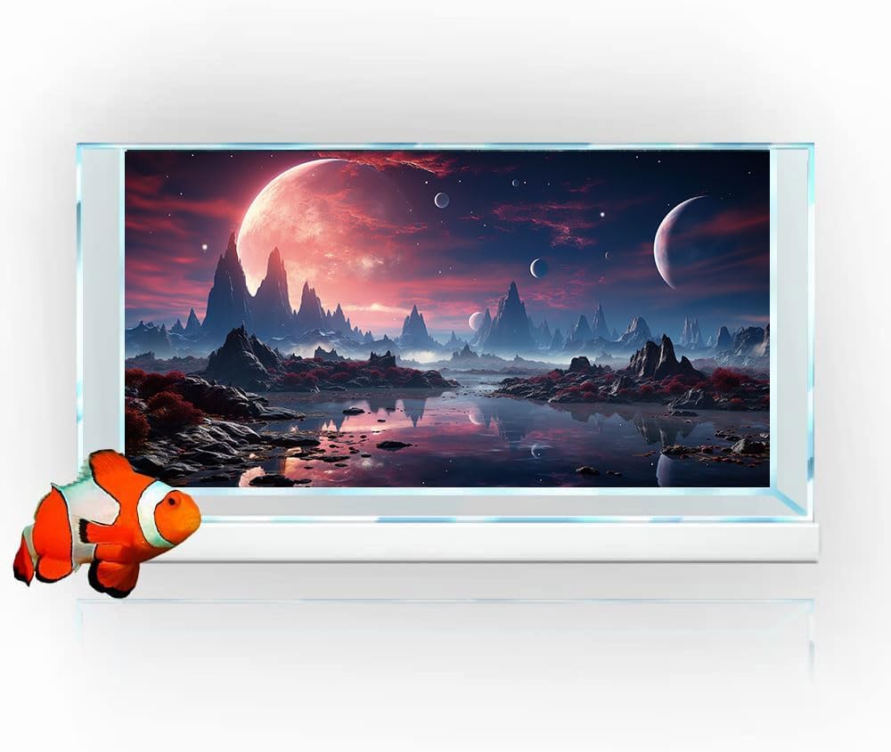 24X16IN Cosmic Spaceterrarium Background, Cool Parallel Space Themed Aquarium Reptile Habitat Background, Red Moon Aquarium Background with 10EVA Double-Sided Tape