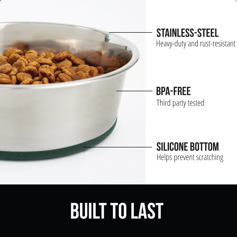 GORILLA GRIP Set of 2 Dog Bowls, Heavy Duty Metal Food and Water Bowl for Feeding Dogs and Cats, Dishwasher Safe, Rust Resistant Stainless Steel, BPA Free Rubber Base, Holds 1 Cup (8 fl oz), Green