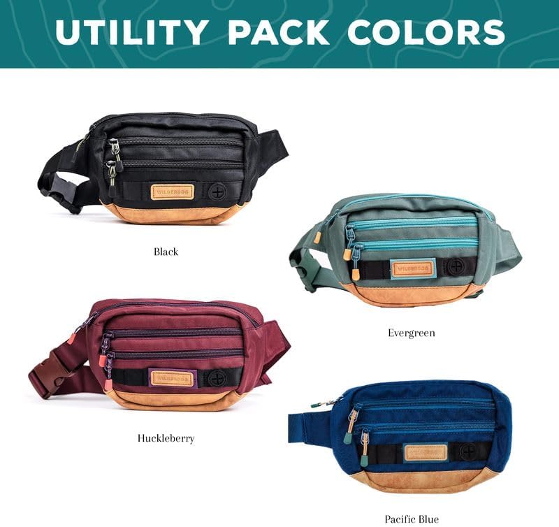 Wilderdog Utility Fanny Pack stores Treats, Balls, Keys in 3 Pockets with adjustable strap and Poop Bag dispenser (Black)