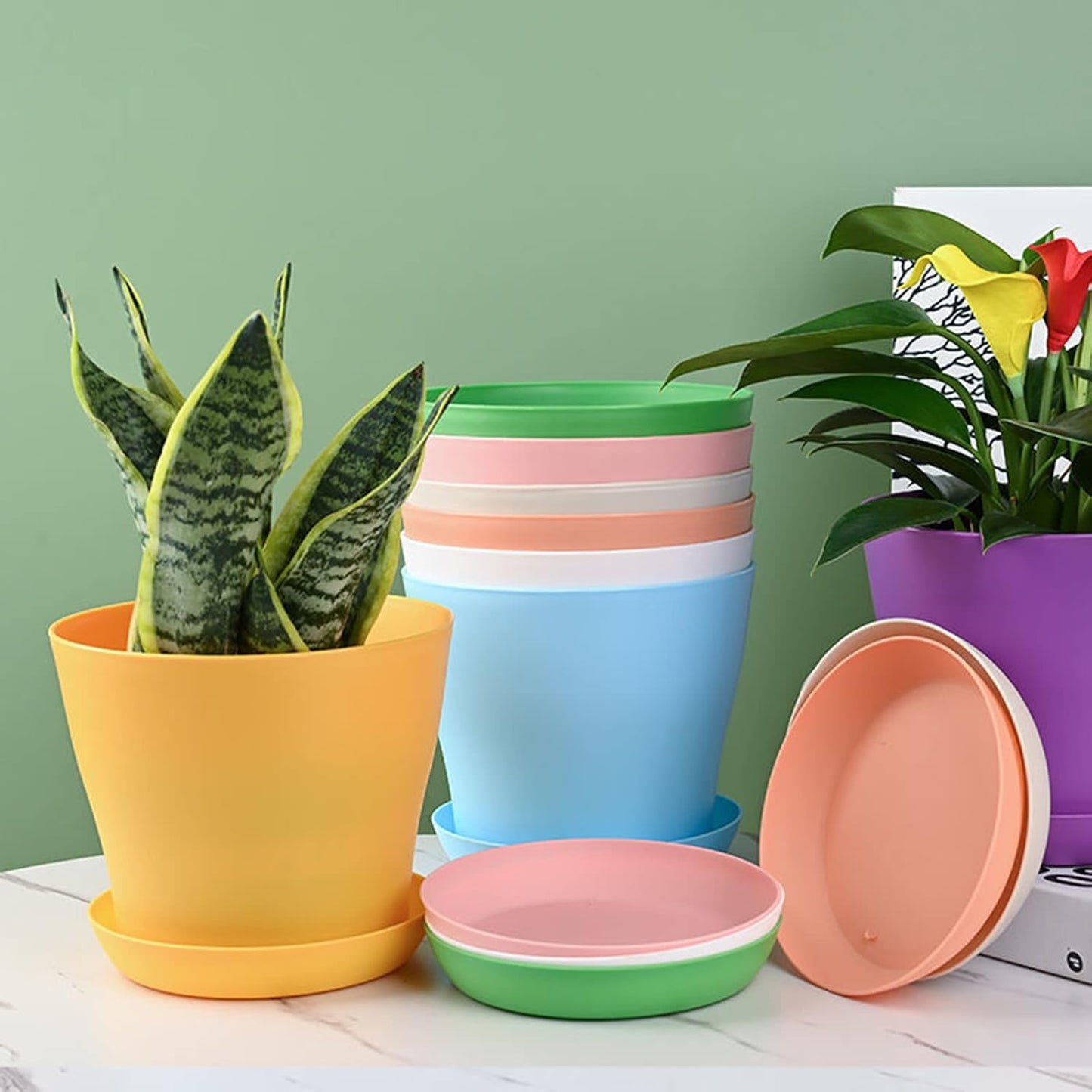 10 Pack 4 Inch Plant Pots Bulk Small Plastic Planters Pots with Drainage Holes Flower Pot for Succulent, Cactus, Herb, African Violet (10pcs-Multicolor, 4Inches)