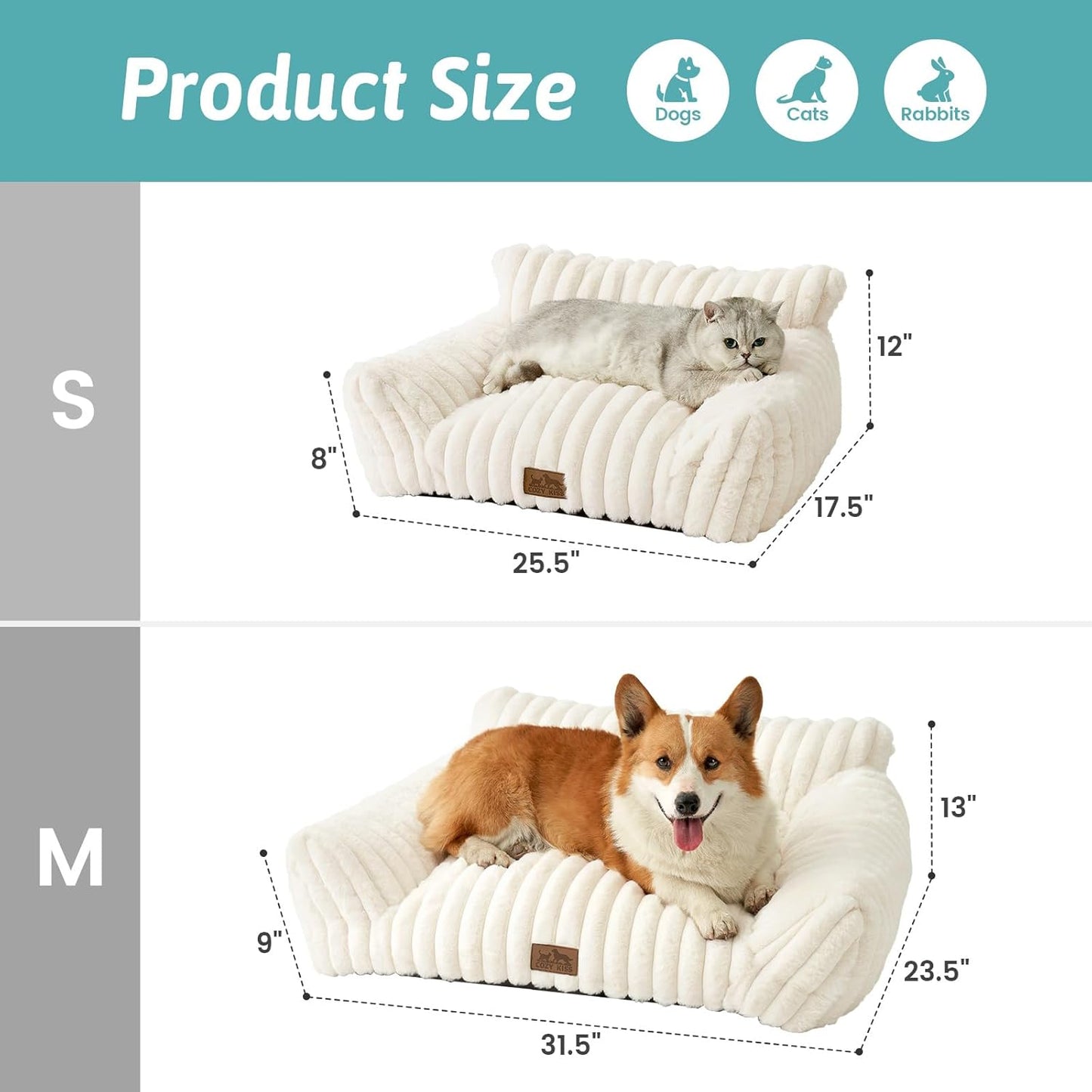 Cute Cat Couch, Premium Plush Faux Fur Pet Couch Bed, Ultra-Soft Pet Furniture for Cats & Small Dogs (Cream, M: 31.5''x23.5'')