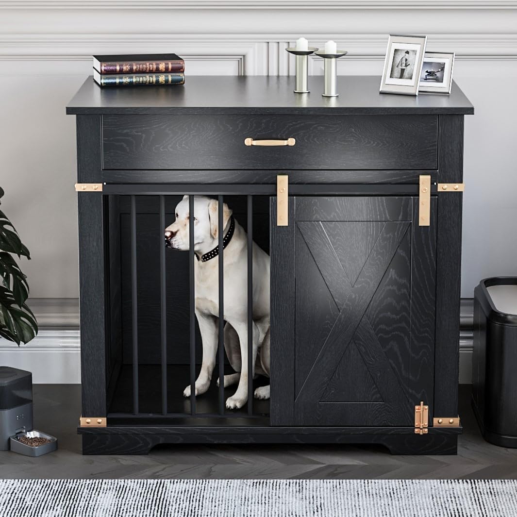 LZUUOB 37.8'' Dog Crate Furniture with Storage Drawer, Decorative Wooden Dog Kennel with Sliding Barn Door, Indoor Water Resistant Cage for Pet, Small, Medium, Large Dog (Black Gold Oak)