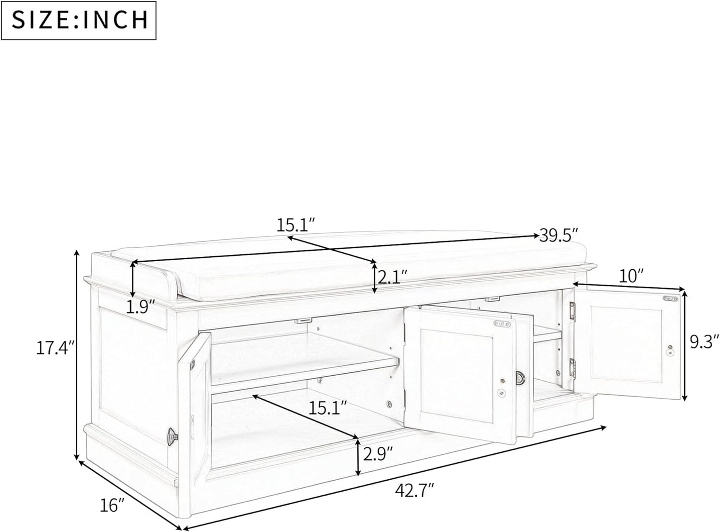 Storage Bench with 4 Doors and Adjustable Shelves, Shoe Bench with Removable Cushion for Living Room, Entryway 42.7" L x 16" W x 17.4" H (Antique Navy)