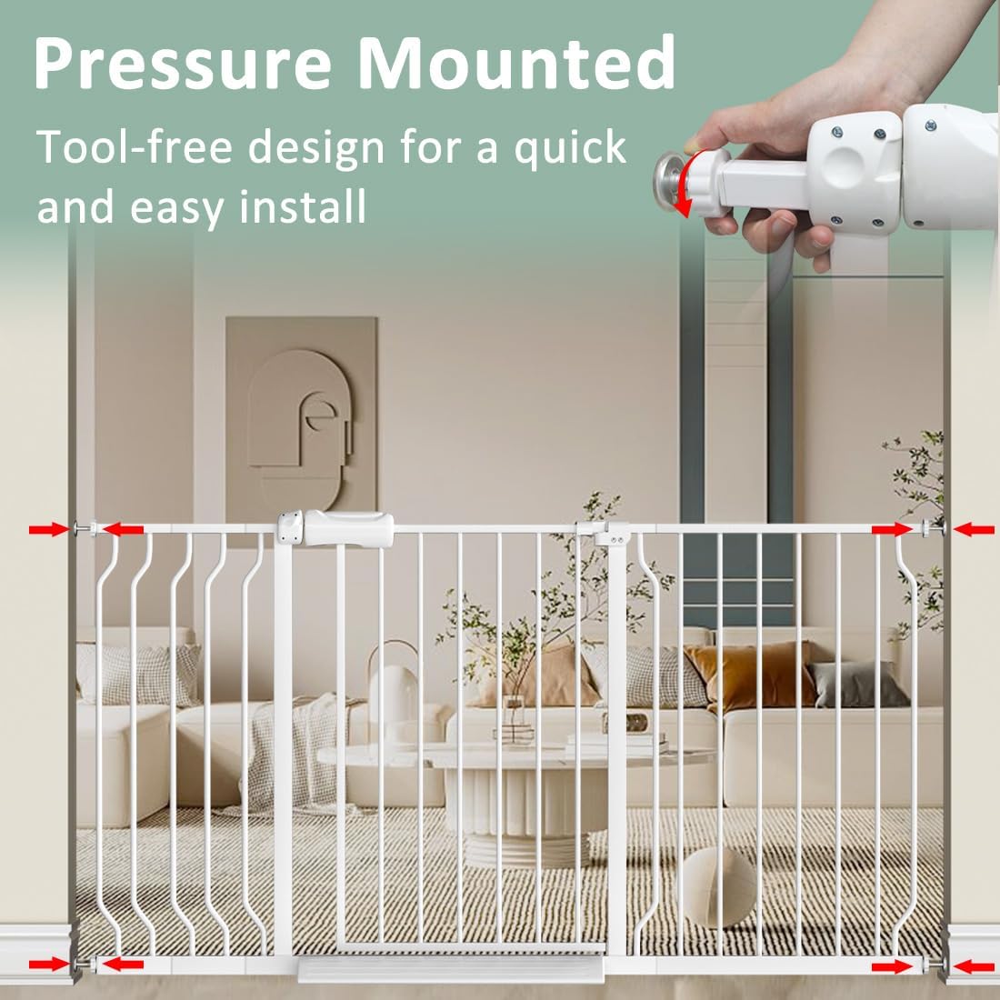 TSAYAWA Walk Through Baby Gate with Door,67-71.5 Inch Wide Presure Mounted No Drill Metal Auto Close Child Gate for Stair Doorway - Indoor Outdoor Safty Gate for Toddler Dog Doggie, White