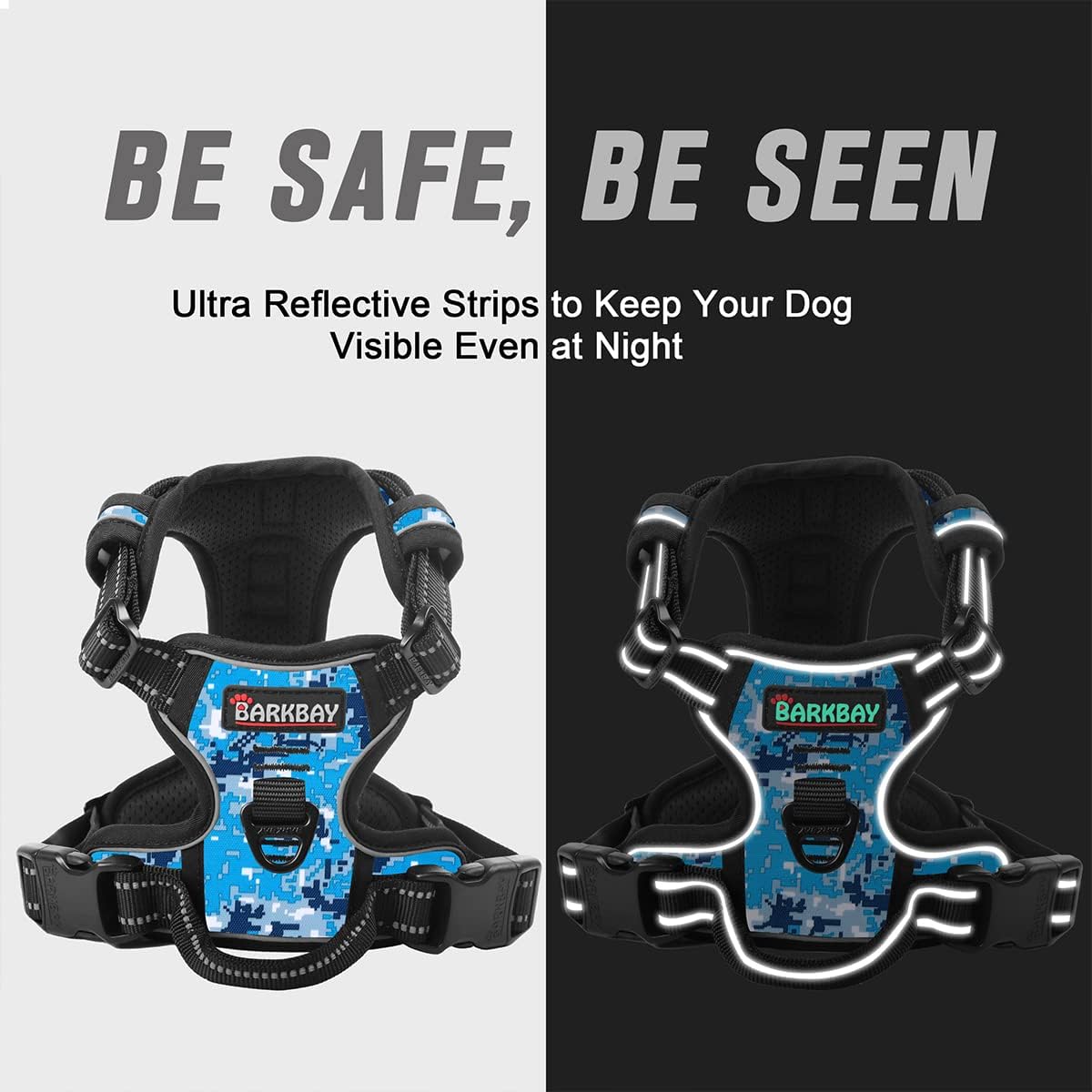 BARKBAY No Pull Dog Harness Front Clip Heavy Duty Reflective Easy Control Handle for Large Dog Walking(Blue camo,L)