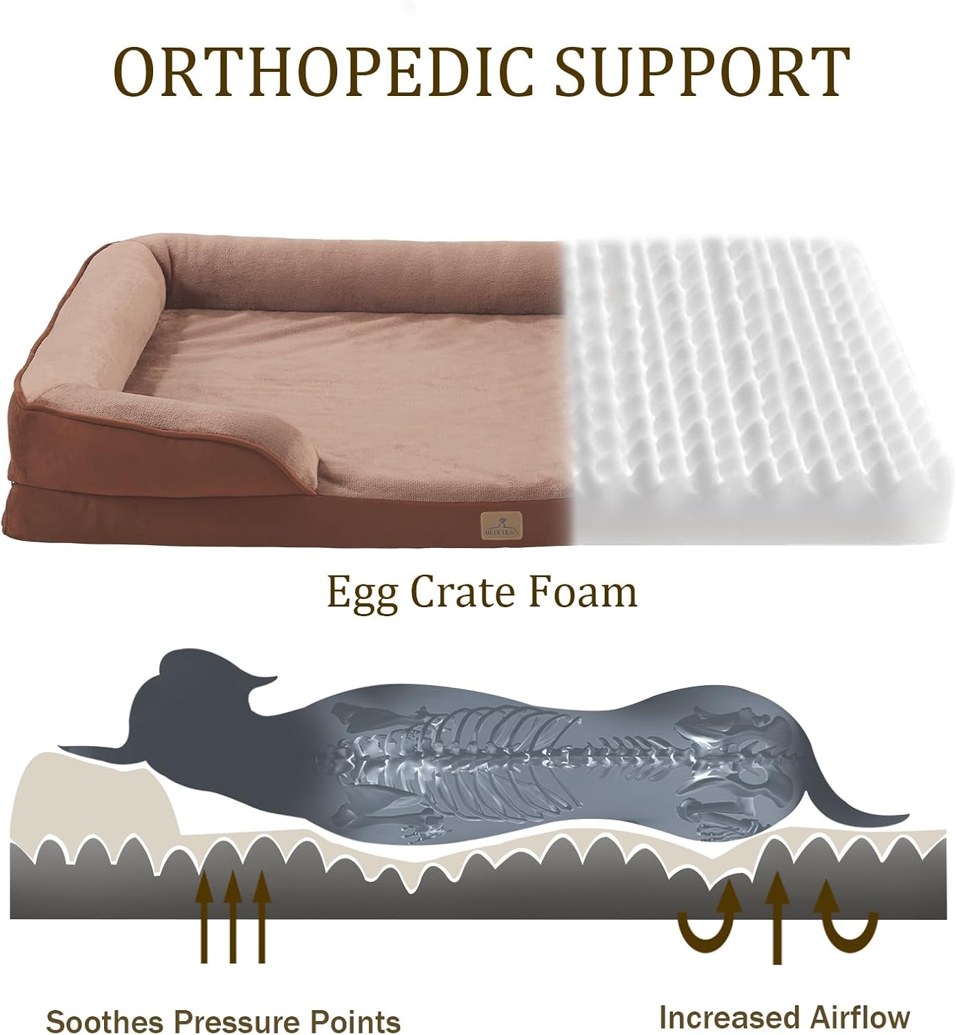Bedfolks Orthopedic Dog Bed XL, Waterproof Dog Sofa Bed for Extra Large Dogs, Egg Foam Pet Couch Bed with Removable Washable Cover and Nonslip Bottom, Brown