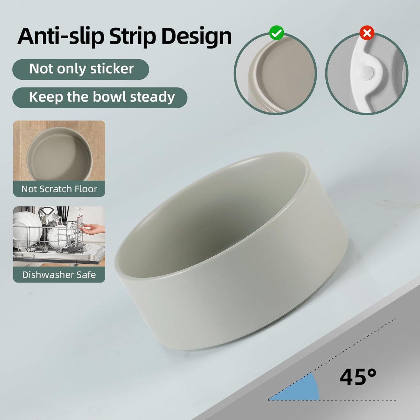 Ceramic Dog Bowl, Food and Water Bowl for Medium Breed Dog, Pet Bowl for Replacement (7.3 inch, Single Bowl, Grey)