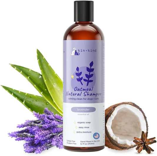 kin+kind Oatmeal Shampoo Lavender for Dogs & Cats Natural Dog Shampoo for Itchy & Sensitive Skin with Colloidal Oatmeal, Olive Oil & Coconut Oil Moisturizing & Safe Pet Shampoo Made in USA (12 fl oz)