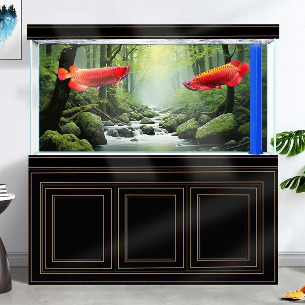 48X24IN Tropical Forest Terrarium Background, Natural Green Forest Tree Reptile Habitat Background, Misty Rainforest Aquarium Background, with 8 EVA Double-Sided Tape
