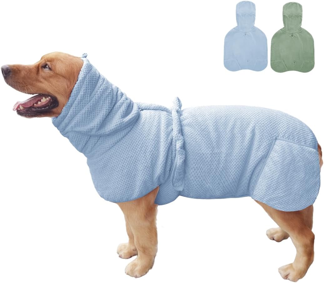 KOOGALSmall to Medium Size Dog Bathrobe, Quick Drying Super Absorbent Used for After Bathing, Warm Dog Towels, Adjustable Hoodies and Belts for Pet Dogs Bath Clothes Products(Blue Jacquard, XL)