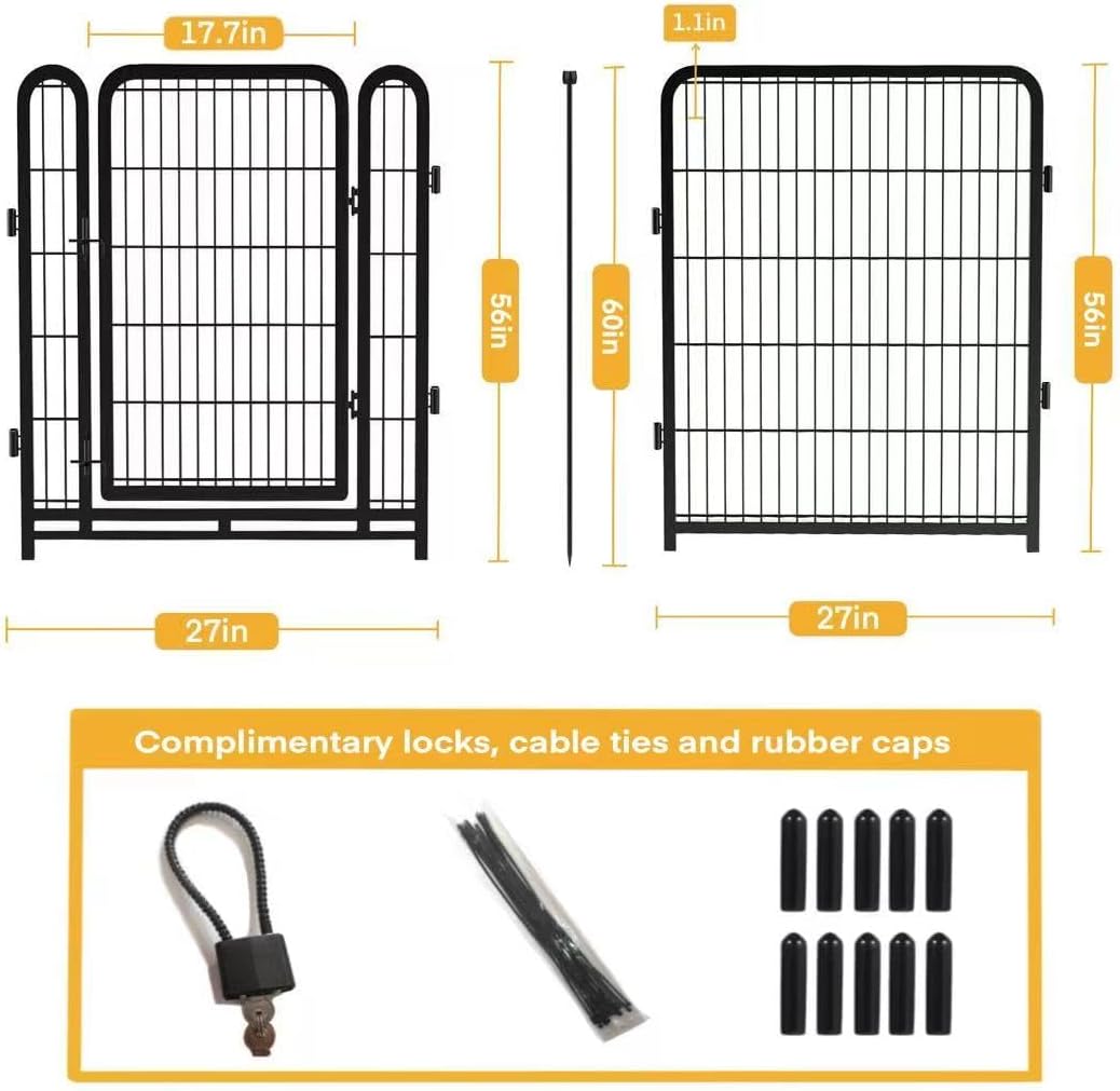 56 in(H) Decorative Garden Fence Panels, Wide Door Low Threshold, Dog Fence Outdoor for Yard. 10 Panels Total 22.1 Ft(L)，No Dig Fencing for Dogs, Black