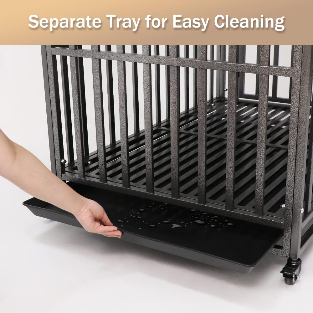 LUCKUP Heavy Duty Dog Crate-38 inch Large Metal Dog Cage with 2 Doors and 4 Wheels, Stackable Dog Kennel for Large & Medium Dogs, Removable Tray