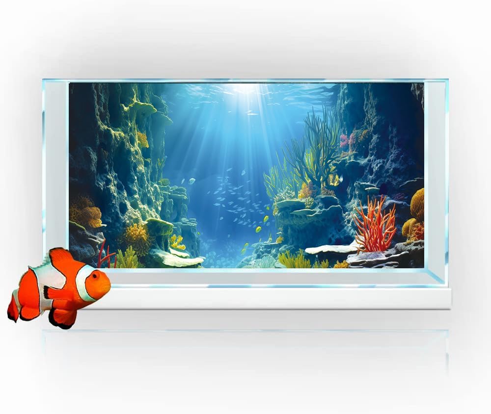 36X20IN Blue Sea Floor Aquarium Background, Natural Underwater World 3D Effect Fish Tank Decorations Background, Art Terrarium Background with 8 EVA Double-Sided Tape