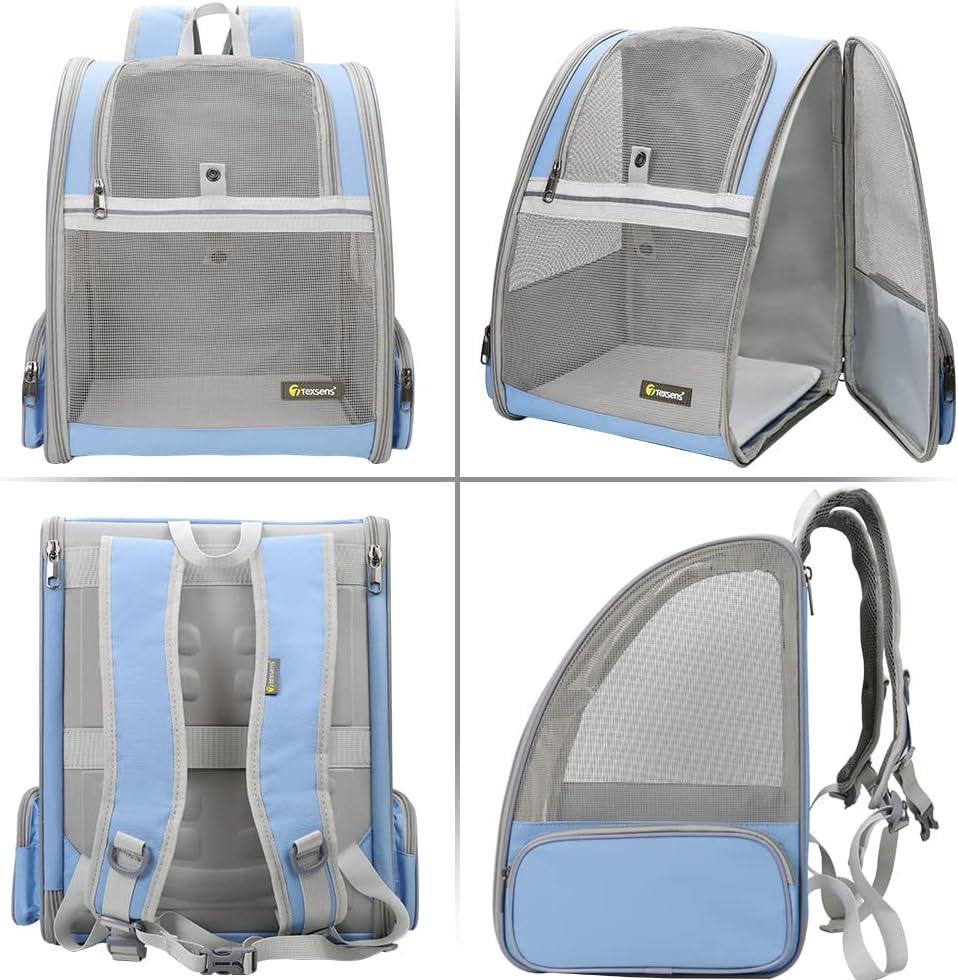 Texsens Pet Backpack Carrier for Small Cats Dogs | Ventilated Design, Safety Straps, Buckle Support, Collapsible | Designed for Travel, Hiking & Outdoor Use (Blue)