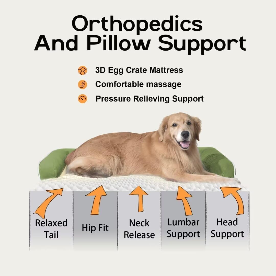 Large Dog Bed Orthopedic Washable - Beds Bolster - Extra XL XLarge Big Dogs - Memory Foam Couch Sofa - Waterproof with Removable Cover - Grass Green Dog Bed