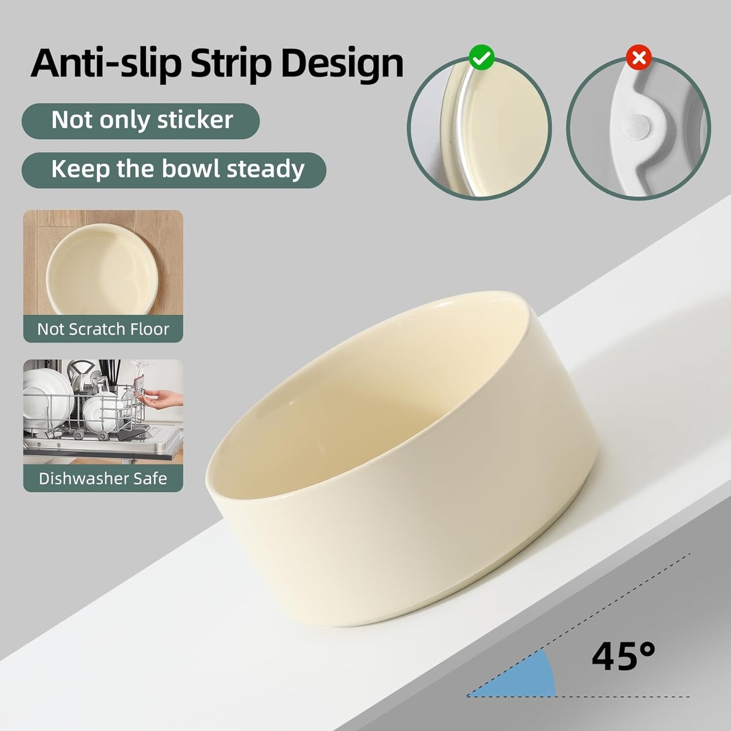Ceramic 6.1inch Raised Dog Bowl with Stand for Small and Medium Breed Dog Dish Pet Food and Water Bowl (Double Bowl with Stand - Beige, 28oz)