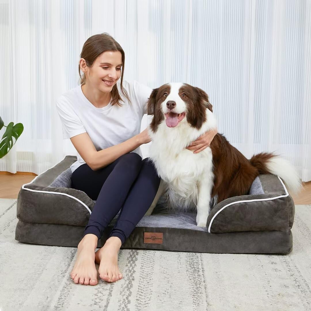 Comfort Expression Orthopedic Dog Beds for Extra Large Dogs, Memory Foam Dog Beds Jumbo Breed, Waterproof Dogs Beds with Bolster & Removable Cover(Olive Green)