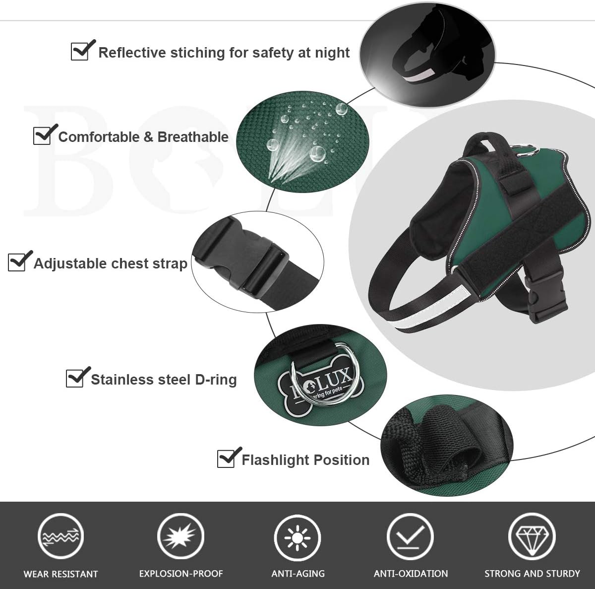 Bolux Dog Harness, No-Pull Reflective Dog Vest, Breathable Adjustable Pet Harness with Handle for Outdoor Walking - No More Pulling, Tugging or Choking (Dark Green, XS)