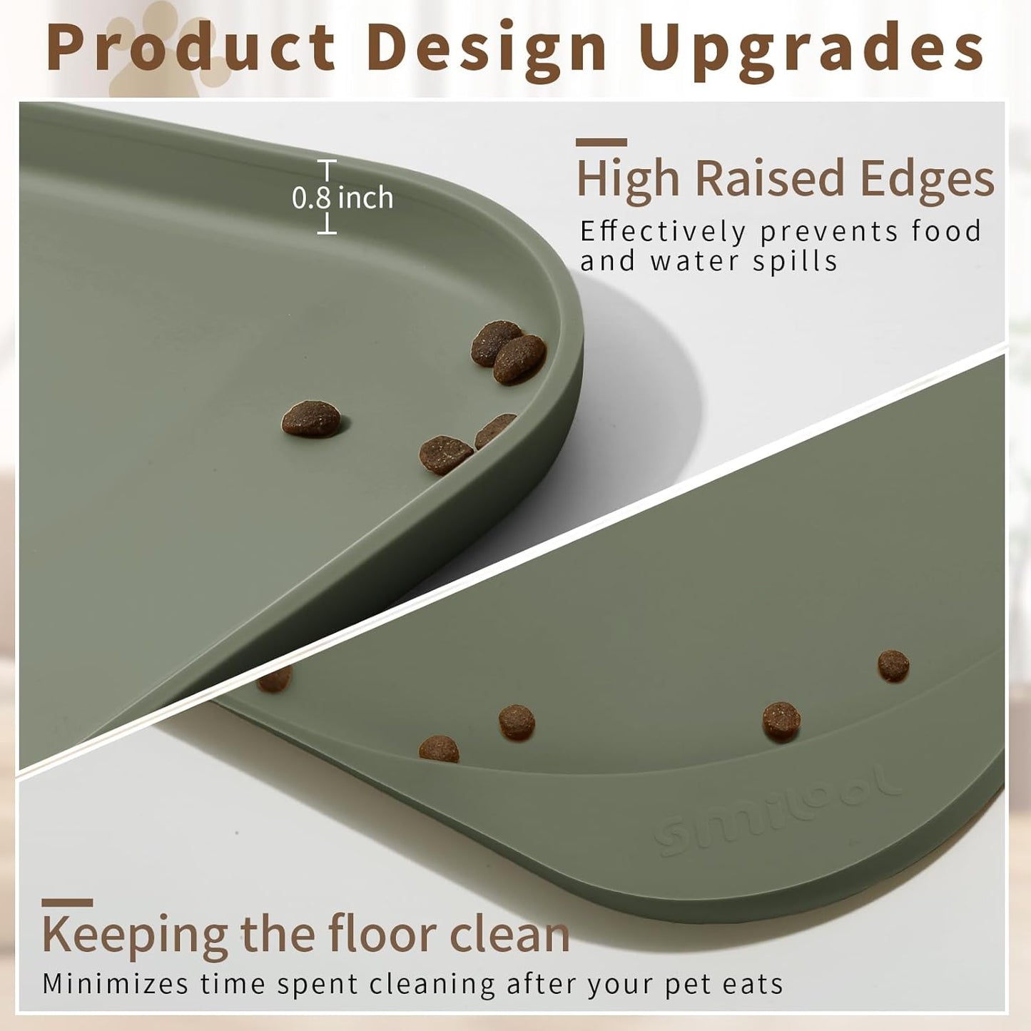 Silicone Pet Feeding Mat with Raised Edge & Residue Collection Pocket for Food and Water, Dog Bowl Mats, Cat Bowls Placemat with High Lip for Floor Waterproof, 22 x 14 x 0.8 Light Olive Green