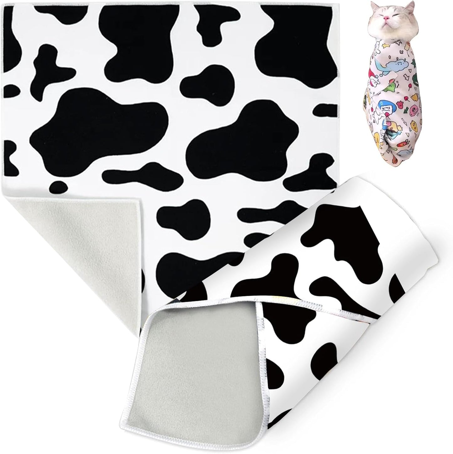 Cat Grooming Wrap, Cat Wrap Self-Adherent, Anti-Scratch Anti-Bite, Anti-Escape Grooming Bag for Cats Nail Clipping, Ear Cleaning, and Teeth Brushing (19.7 × 19.7" Cow Pattern)