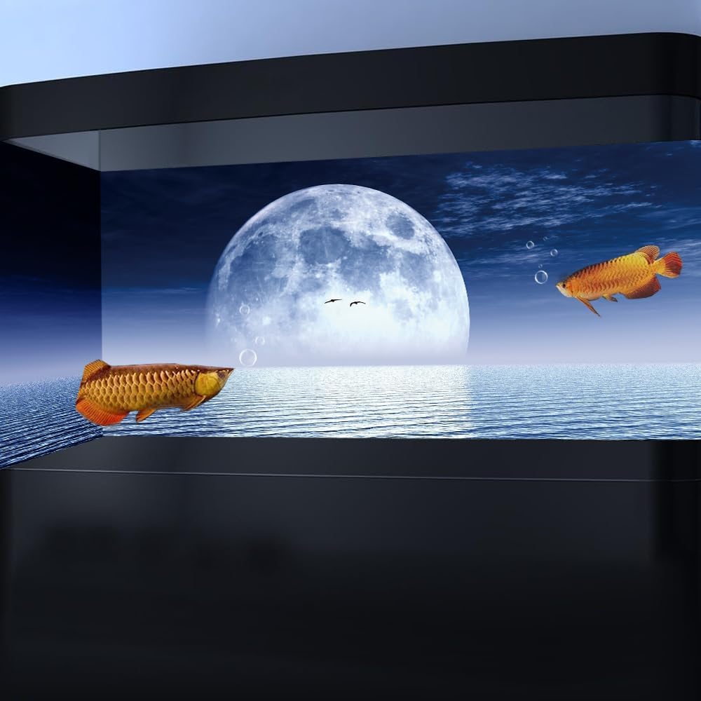 Moon Aquarium Background,Cool Sea Galaxy Parallel Space Themed Fish Tank Background, Cool Terrarium Background 72X18IN with 8 EVA Double-Sided Tape