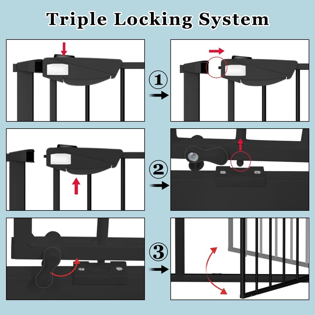 WAOWAO Triple Lock Baby Gate Extra Wide 76.77-81.49" Pressure Mounted Walk Through Swing Auto Close Safety Black Metal Dog Pet Puppy Cat for Stairs,Doorways,Kitchen