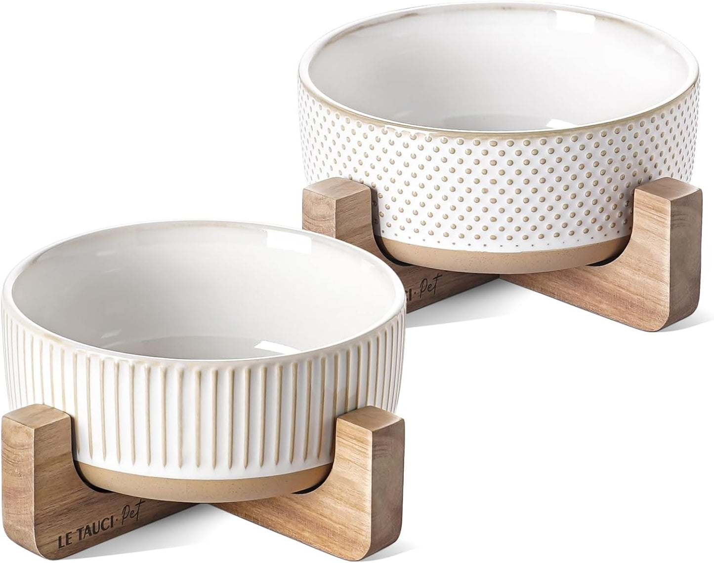 Ceramic Dog Bowls for Medium Small Dogs - 4 Cup Medium Dog Food and Water Bowls with Wood Stand, Cute Pet Dishes Set of 2, Lines+Dot