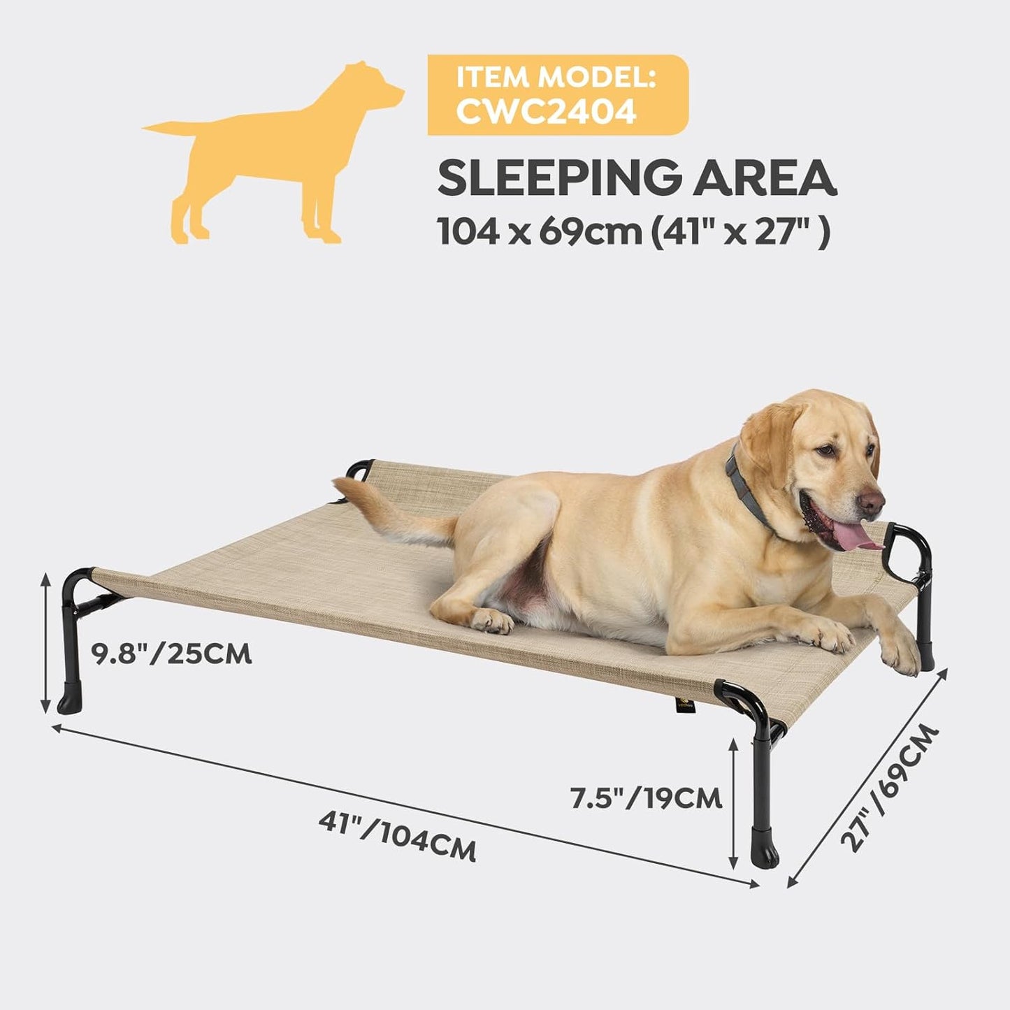 Veehoo Cooling Elevated Dog Bed - Raised for Large Dogs, Outdoor With Guardrail, Upgraded Non-Slip Feet, Breathable Teslin Mesh, Portable Camping Cot, 41 x 27 Inches, Beige Coffee