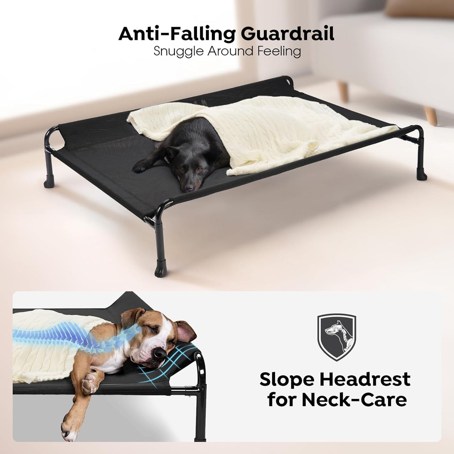 Veehoo Elevated Dog Bed, Cooling Raised Dog Bed with Guardrail & Headrest, Upgraded Non-Slip Silicon Feet, Breathable Teslin Mesh, Portable Pet Cot for Indoor and Outdoor, 35 x 22 Inches, Black