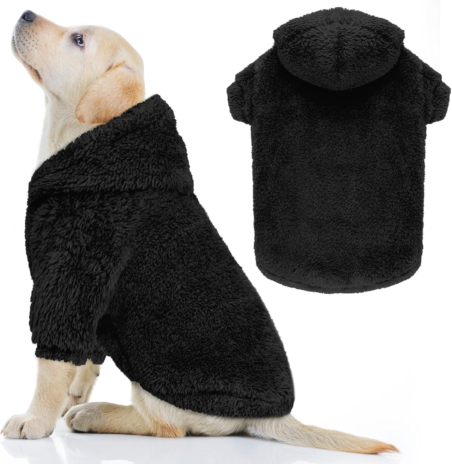 Fuzzy Dog Sweaters for Large Dogs Soft Double-Sided Plush Fleece Pet Sweater Clothes Pet Coats Dog Hoodie Sherpa Hooded Sweatshirt(Black-L)