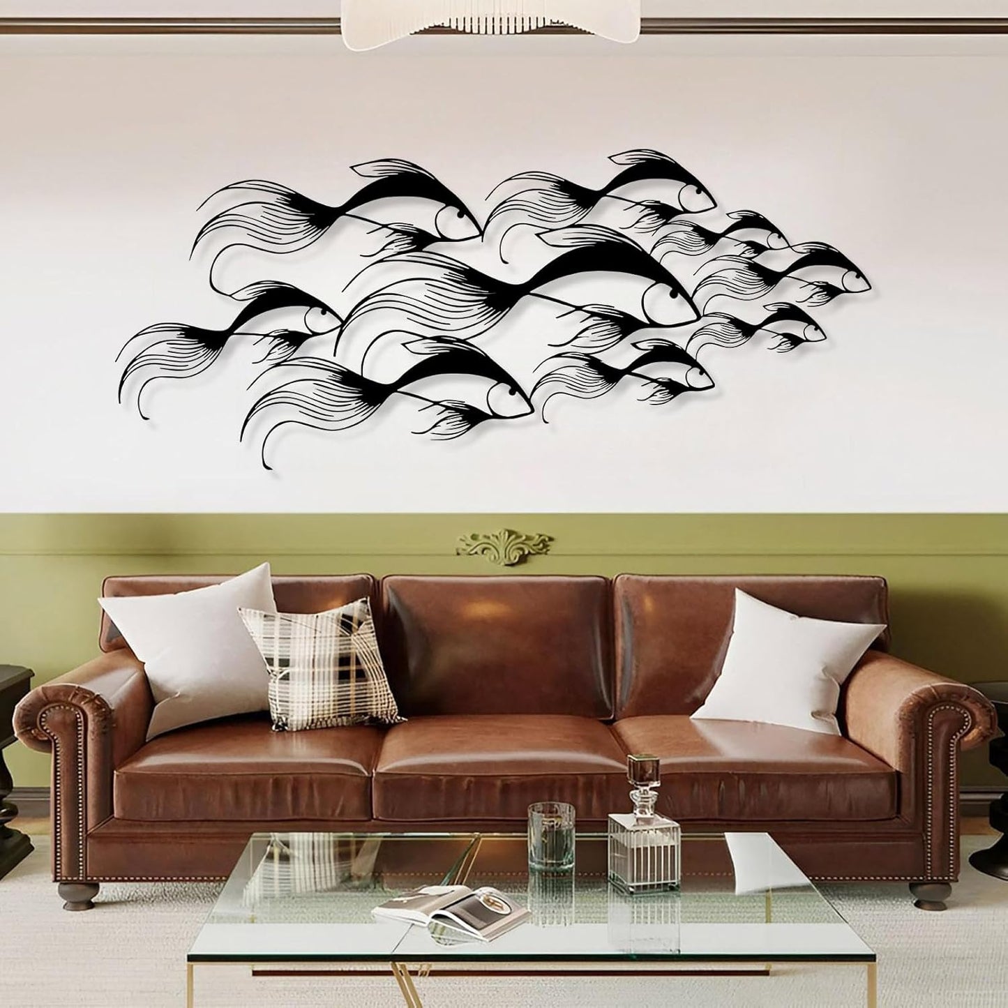 School of Fish Metal Wall Art, Metal Fish Wall Decor, Sea Life Wall Art, Large Nautical Wall Hanging, Modern Beach House Wall Decor, Ocean Themed Artwork for Bathroom (Silver, 35"x15" | 90x38cm)