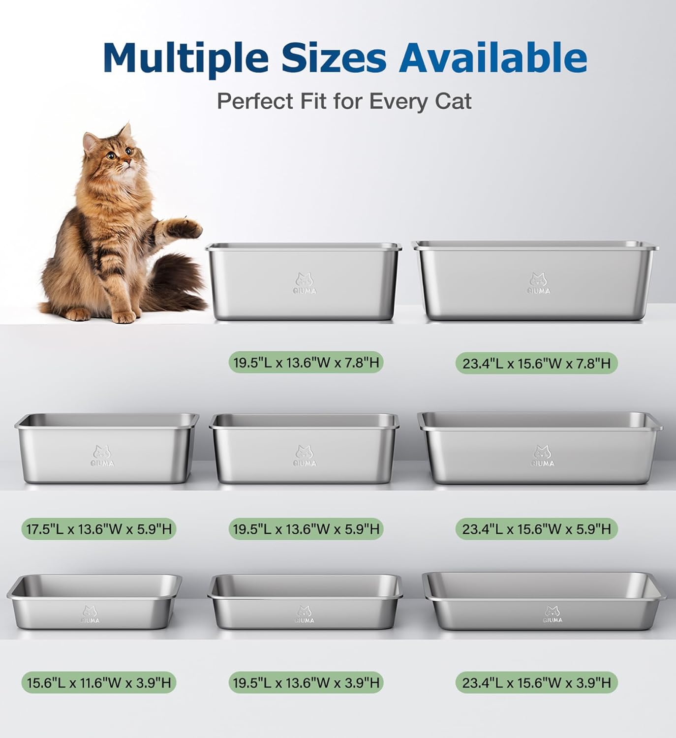 2 Pack Stainless Steel Cat Litter Box, 23.4" L×15.6" W×5.9" H, Metal Kitty Litter Box with High Sided for Big Cats, Non-Stick, Easy to Clean, Odor-Free