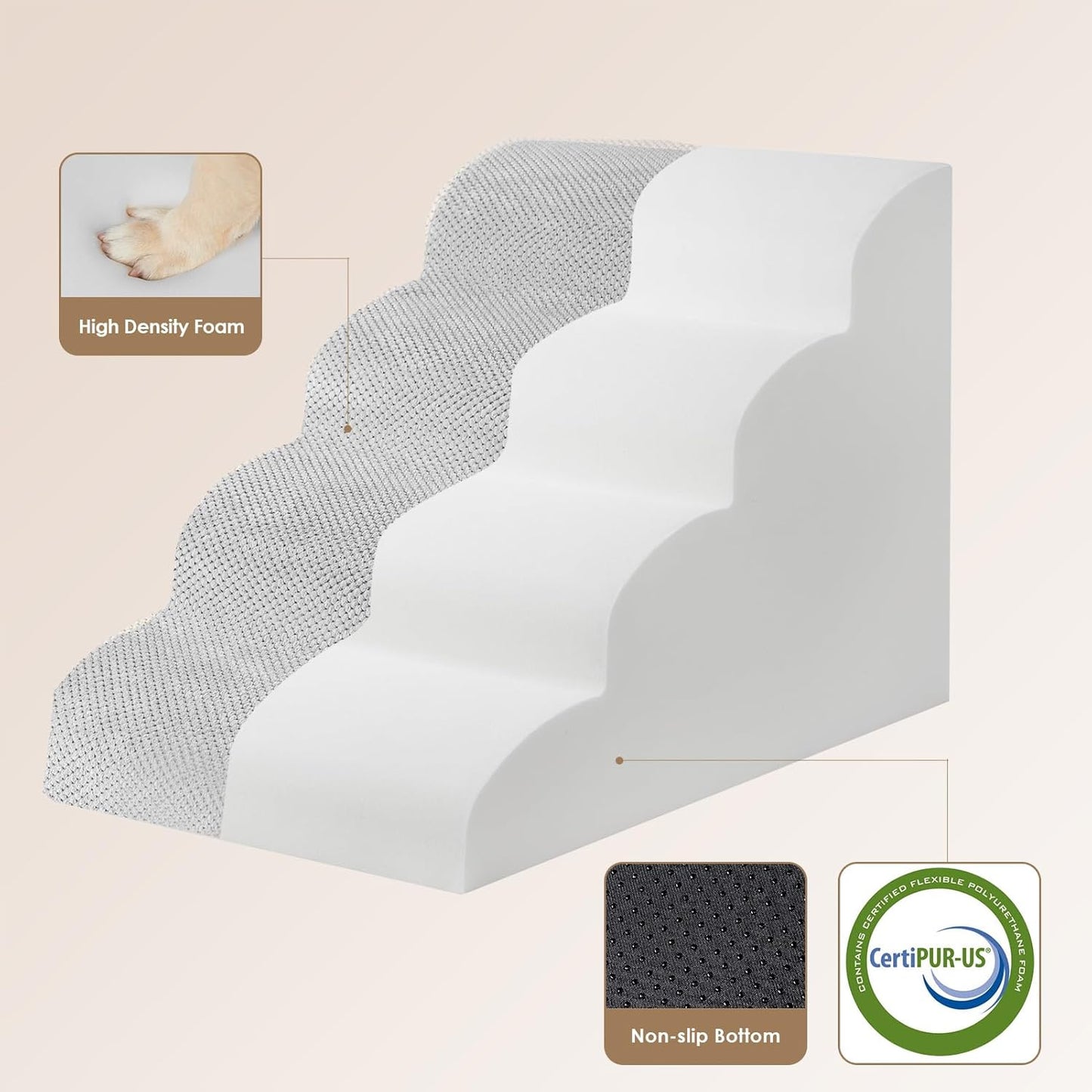 EHEYCIGA Curved Dog Stairs Ramp for High Beds 19.7" H, 4-Step Dog Steps for Small Dogs and Cats, Pet Stairs for High Bed Climbing, Non-Slip Balanced Pet Step Indoor, Light Grey
