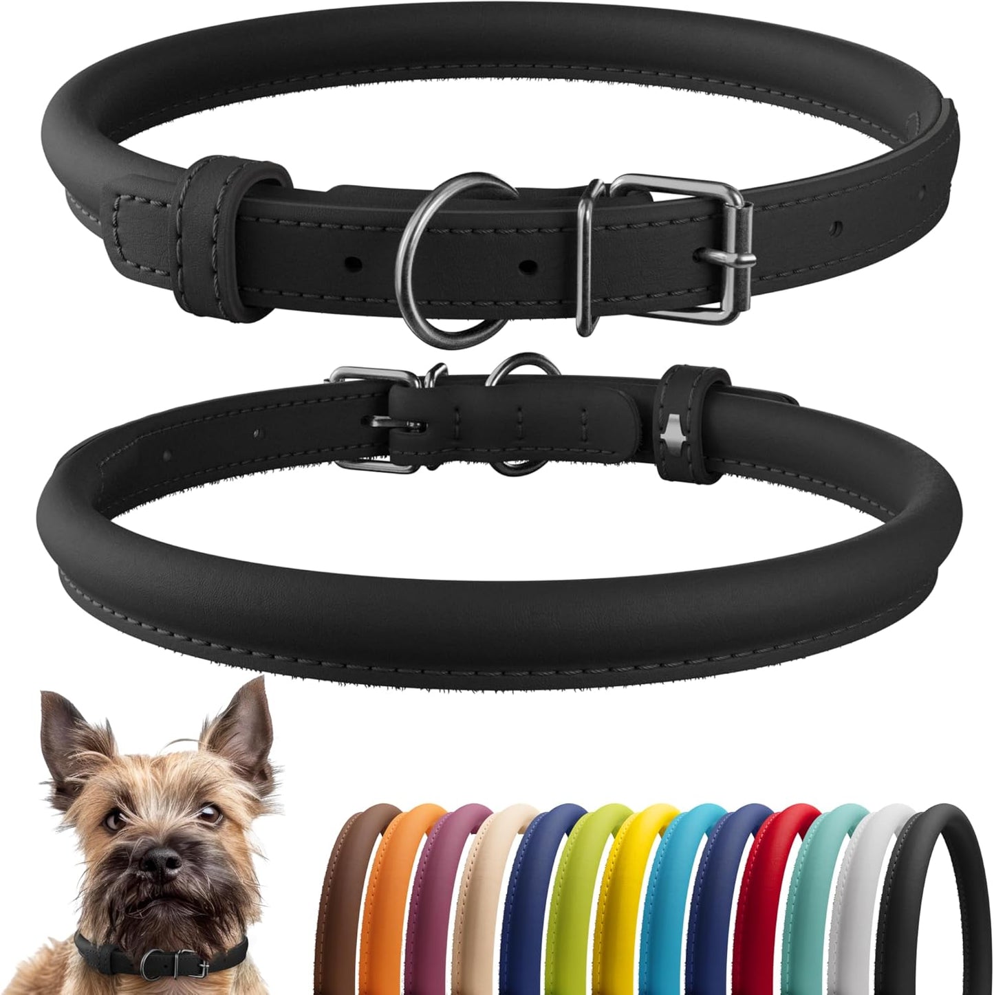 CollarDirect Rolled Leather Dog Collar, Soft Padded Round Puppy Collar, Handmade Genuine Leather Collar Dog Small Large Cat Collars 13 Colors (6-7 Inch, Black Smooth)
