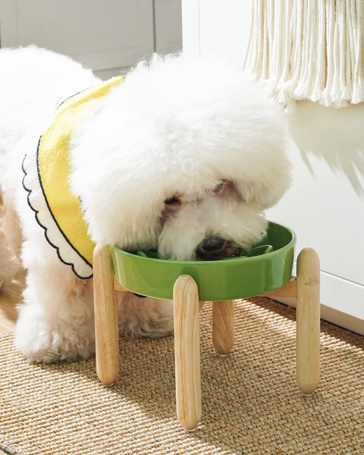 LE TAUCI Ceramic Slow Feeder Dog Bowls Elevated, 3 Cup Raised Bowl with Wooden Stand for Medium Large Breed, Slow Down Eating, Puzzle Dog Food Bowl, Clover Green