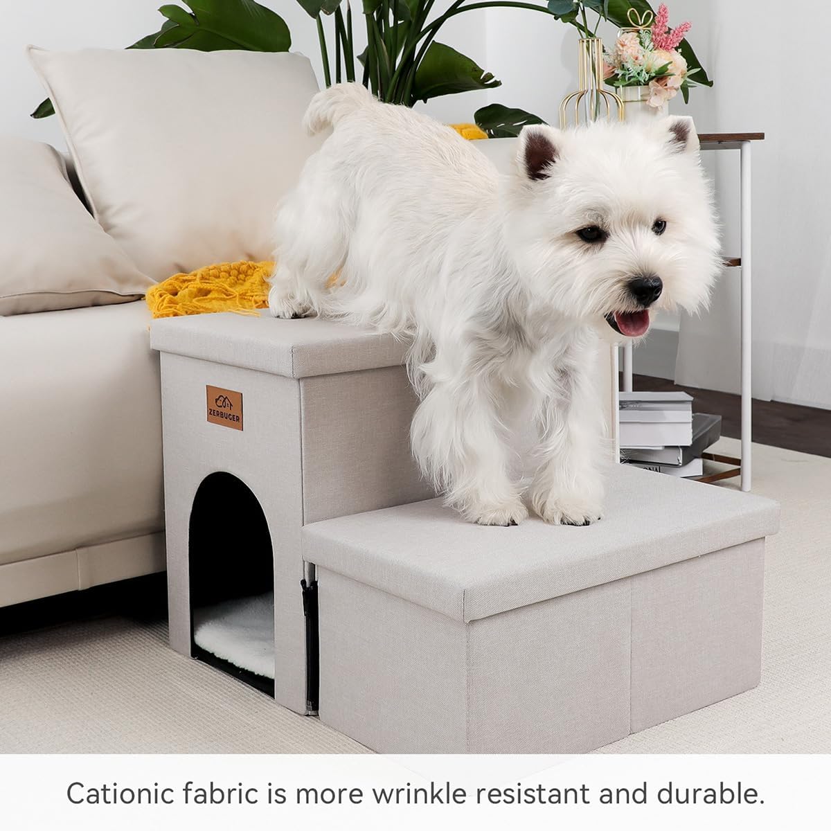 Dog Stairs with Condo 15" H, 2-Step Wider Dog Steps for Small/Medium/Large Old Dogs Cats, Folding Sturdy Storage Pet Stairs Climbing Bed Couch, Ramp for Car Hold Up to 150 lbs, Beige