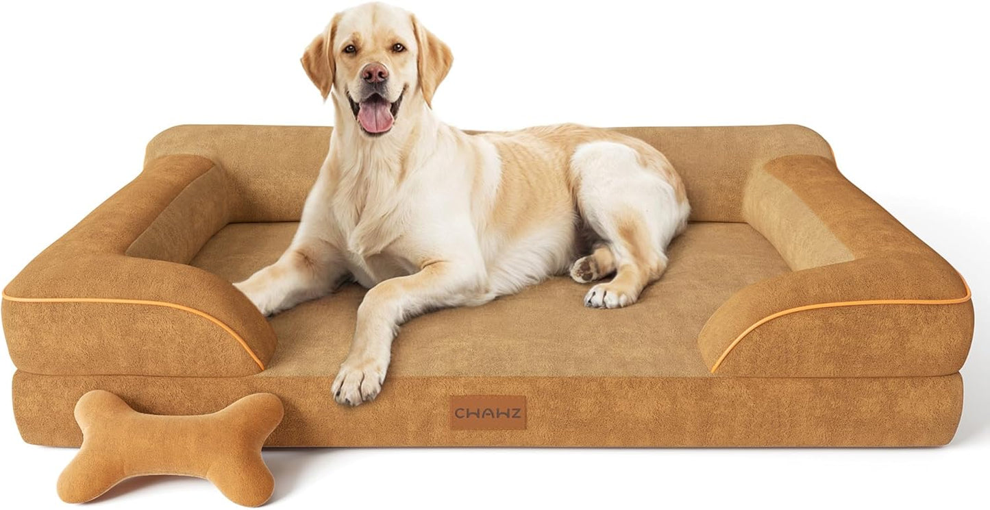 Jumbo Dog Bed for Extra Large Dogs, Orthopedic Dog Bed with Cooling Gel Memory Foam, Waterproof Pet Bed with Removable Washable Cover, 45" Pet Sofa Couch Dutch Velvet with Bone Toy, Brown