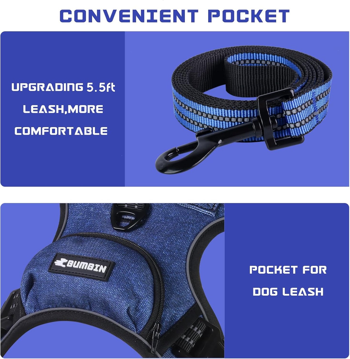 BUMBIN Dog Harness for Large Dogs, No Pull Adjustable No Choke Pet Vest with Dog Leash Fit Smart Reflective Pet Walking Harness for Training Easy Control Soft Handle Denim Blue M