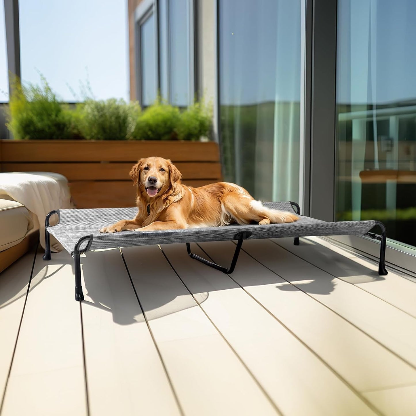 Veehoo Cooling Elevated Dog Bed - Raised for Large Dogs, Outdoor With Guardrail, Upgraded Non-Slip Feet, Breathable Teslin Mesh, Portable Camping Cot, 53 x 33 Inches, Black Silver