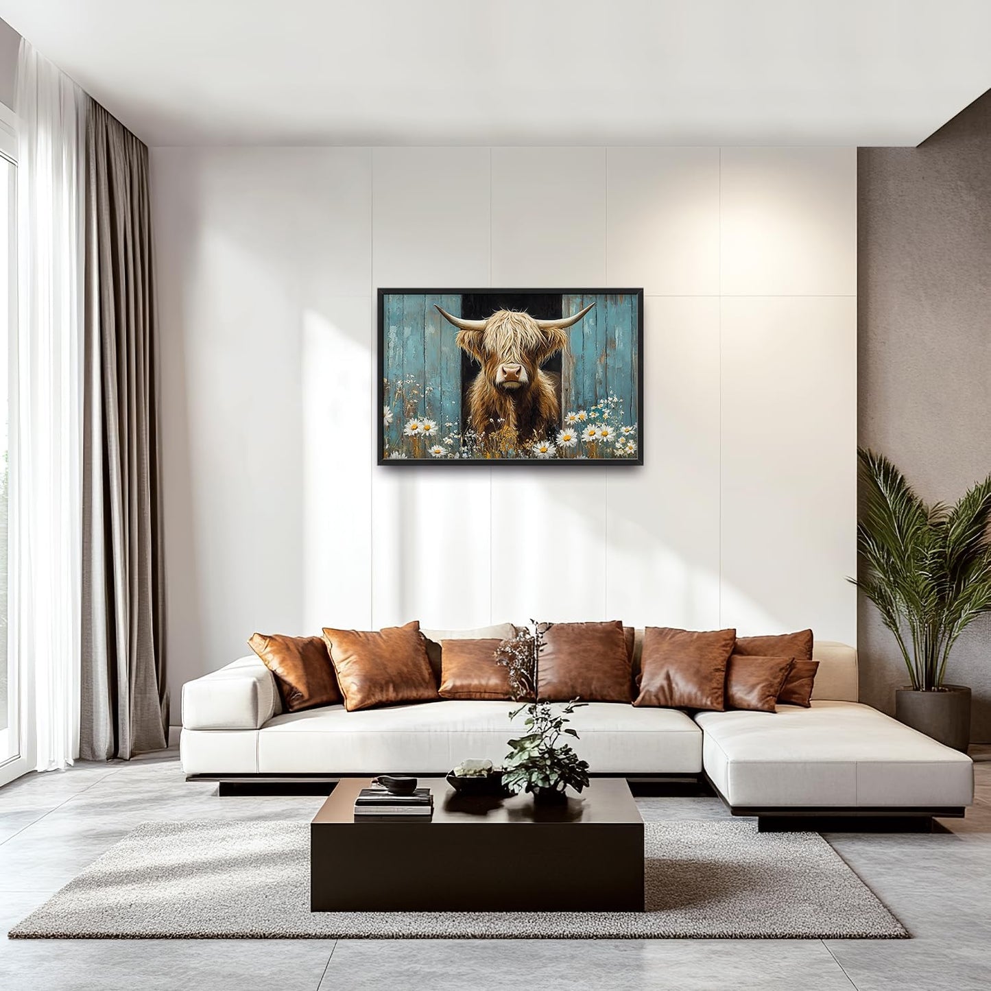 Large Farmhouse Highland Cow Country Wall Art for Living Room, Floral Canvas Oversized Wall Decor, Daisy Flower Animal Framed Pictures Painting Print Artwork for Bedroom Office 36"L x 24"W